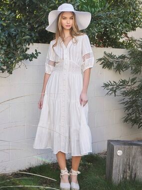 RIVIR Boutique White Midi Dress with Crochet Details